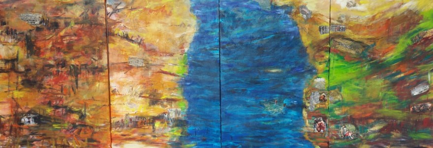 Flucht-Wege, 2016 Acryl/Collage auf Leinwand 280 x 115 cm (4-teilig)